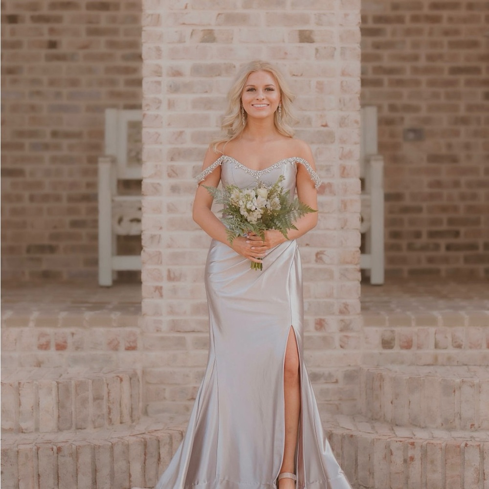 Sherri Hill Silver Off-Shoulder Prom Dress